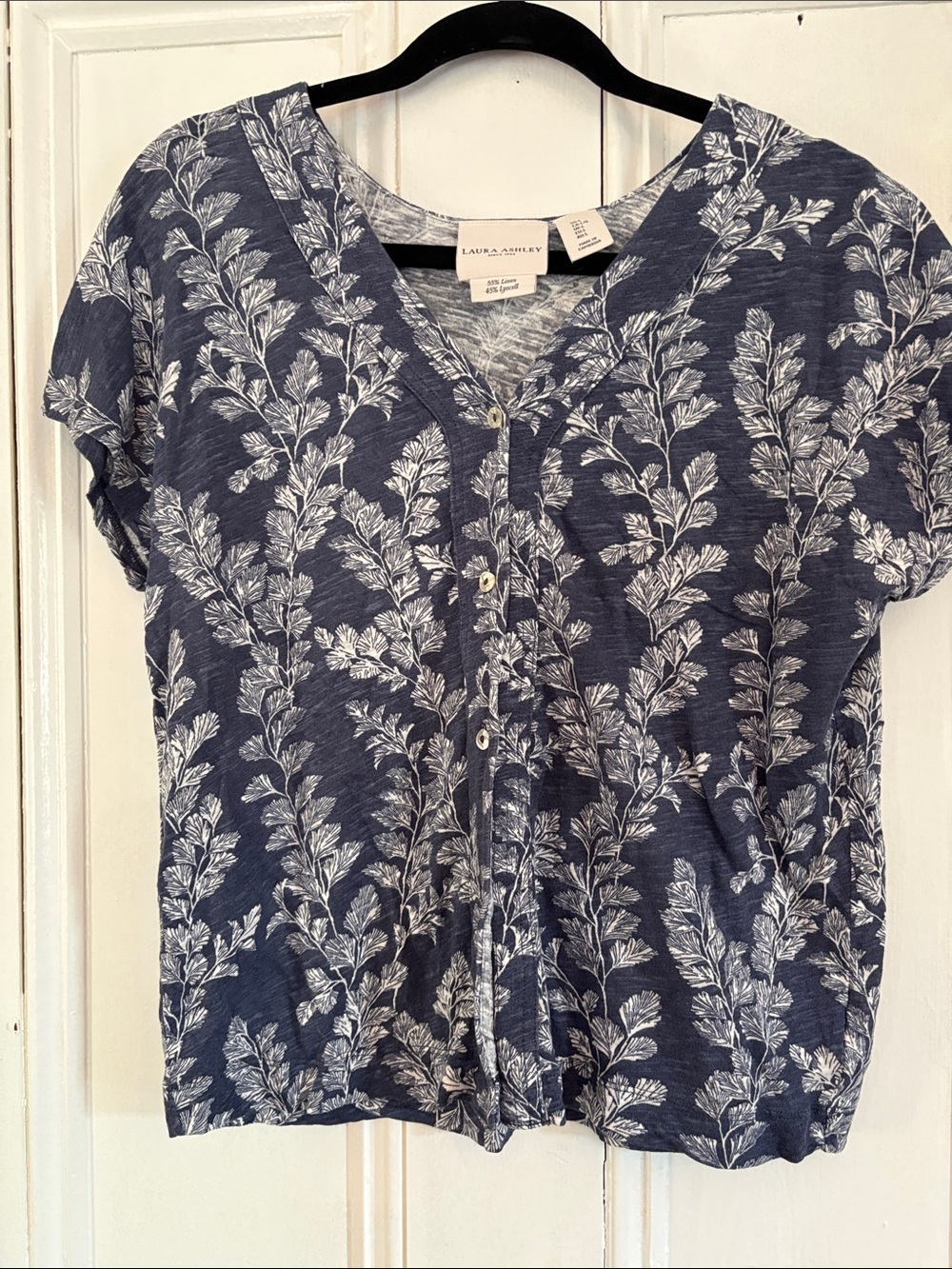 Laura Ashley Navy and White Botanical Button-Front Women’s Shirt